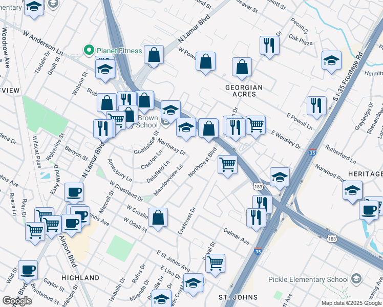 map of restaurants, bars, coffee shops, grocery stores, and more near 408 Northway Drive in Austin