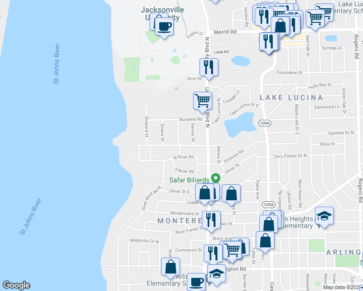 map of restaurants, bars, coffee shops, grocery stores, and more near 5414 Floral Bluff Road in Jacksonville