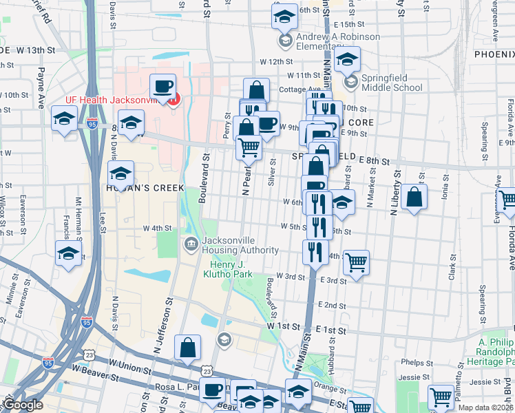map of restaurants, bars, coffee shops, grocery stores, and more near 245 West 6th Street in Jacksonville