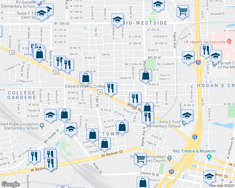map of restaurants, bars, coffee shops, grocery stores, and more near 1493 West 5th Street in Jacksonville