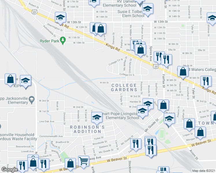 map of restaurants, bars, coffee shops, grocery stores, and more near 2005 West 6th Street in Jacksonville