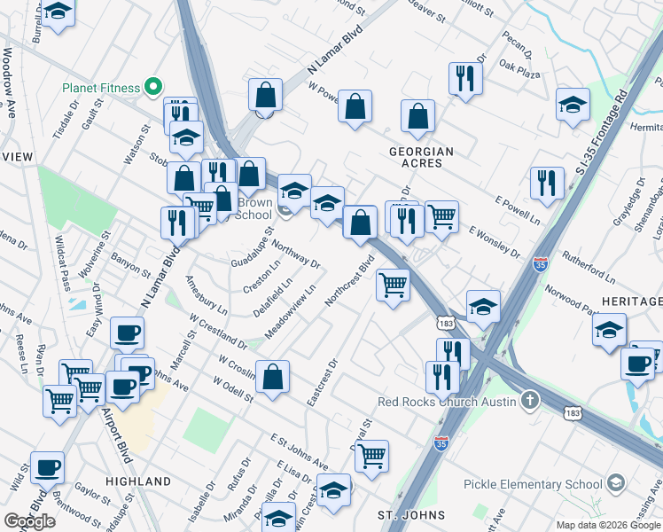 map of restaurants, bars, coffee shops, grocery stores, and more near 111 West Anderson Lane in Austin