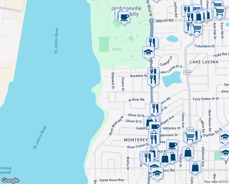 map of restaurants, bars, coffee shops, grocery stores, and more near 5246 Pear Tree Place in Jacksonville