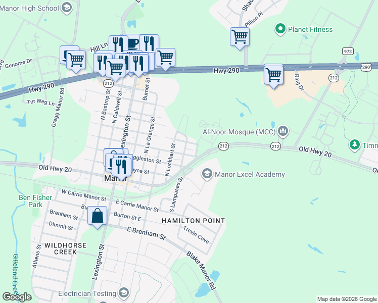 map of restaurants, bars, coffee shops, grocery stores, and more near 608 East Browning Street in Manor