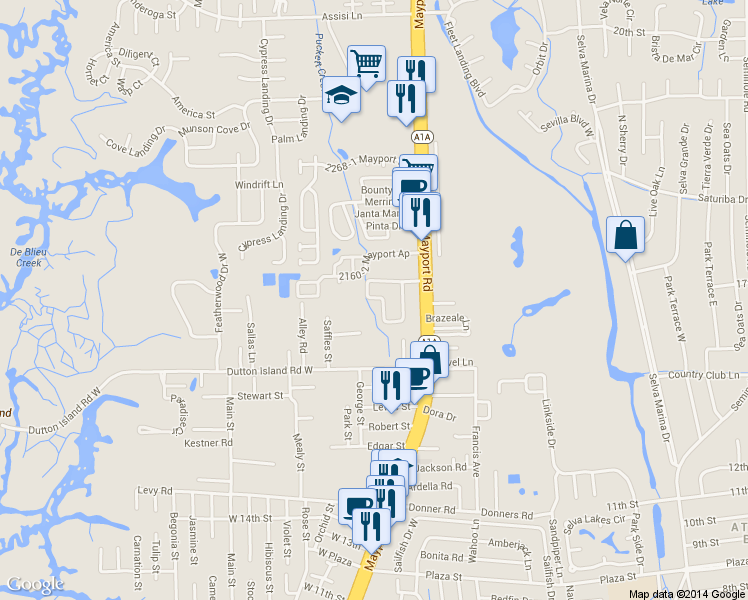map of restaurants, bars, coffee shops, grocery stores, and more near 2130 Mayport Road in Atlantic Beach
