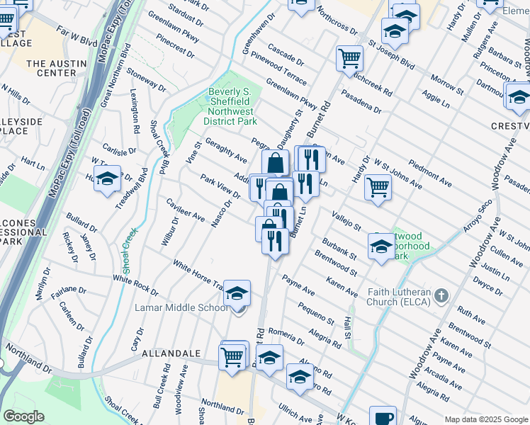 map of restaurants, bars, coffee shops, grocery stores, and more near 6722 1/2 Burnet Road in Austin