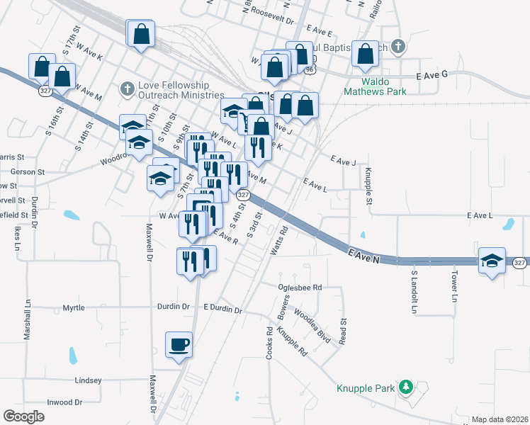 map of restaurants, bars, coffee shops, grocery stores, and more near 600 South 3rd Street in Silsbee