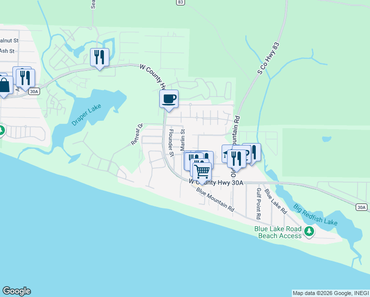 map of restaurants, bars, coffee shops, grocery stores, and more near 68 Marlin Street in Santa Rosa Beach