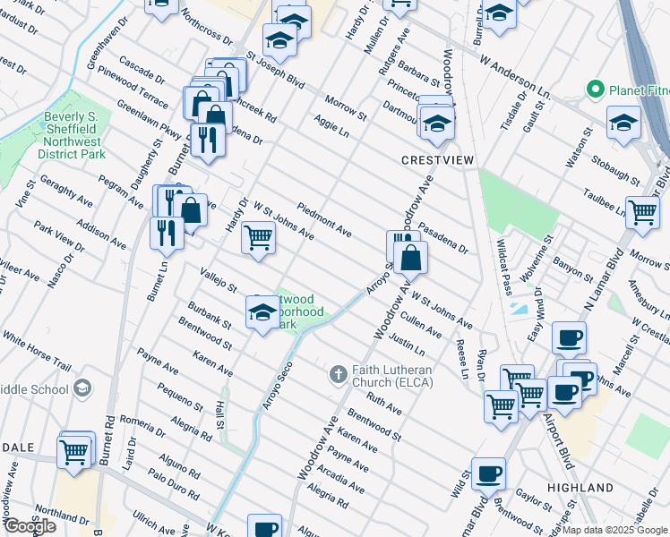 map of restaurants, bars, coffee shops, grocery stores, and more near 1518 West Saint Johns Avenue in Austin