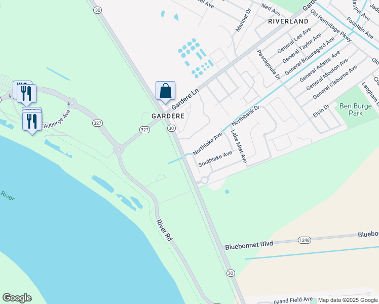 map of restaurants, bars, coffee shops, grocery stores, and more near 3460 Northlake Avenue in Baton Rouge