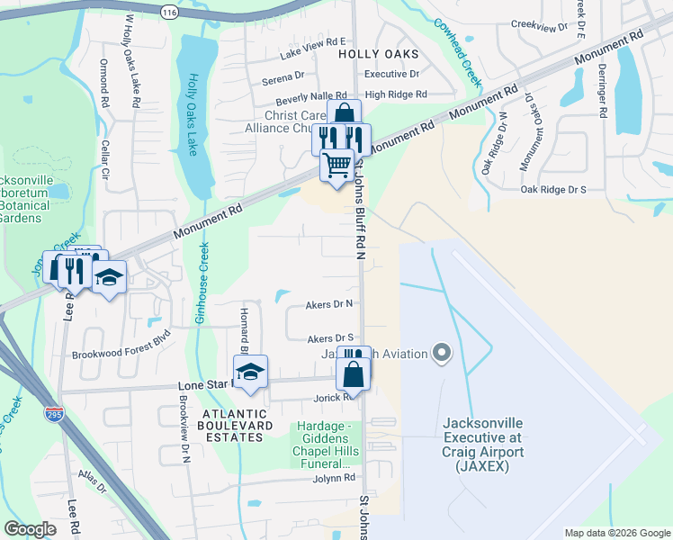 map of restaurants, bars, coffee shops, grocery stores, and more near 10650 Abbot Cove Drive in Jacksonville