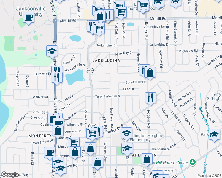 map of restaurants, bars, coffee shops, grocery stores, and more near 2054 Sprinkle Drive in Jacksonville