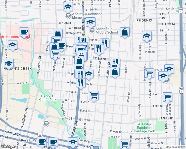 map of restaurants, bars, coffee shops, grocery stores, and more near 1621 Hubbard Street in Jacksonville