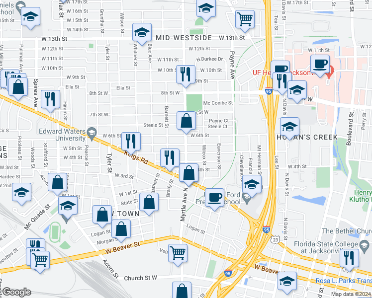 map of restaurants, bars, coffee shops, grocery stores, and more near in Jacksonville