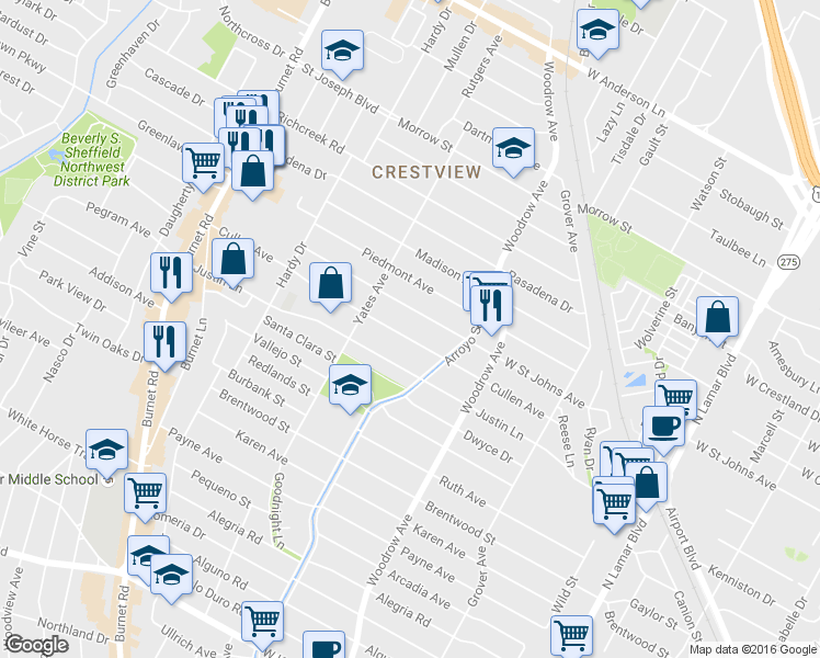 map of restaurants, bars, coffee shops, grocery stores, and more near 1518 West Saint Johns Avenue in Austin