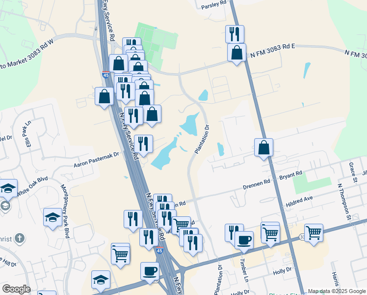 map of restaurants, bars, coffee shops, grocery stores, and more near Teas Road in Conroe