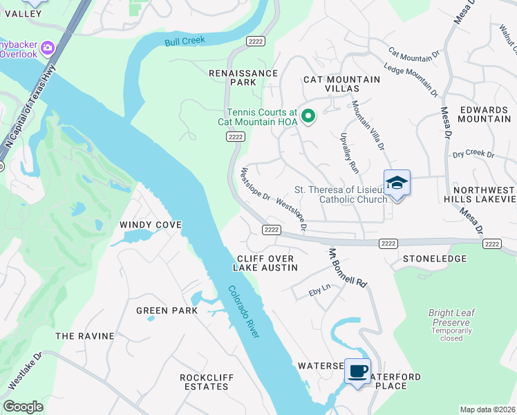 map of restaurants, bars, coffee shops, grocery stores, and more near 5816 Westslope Drive in Austin