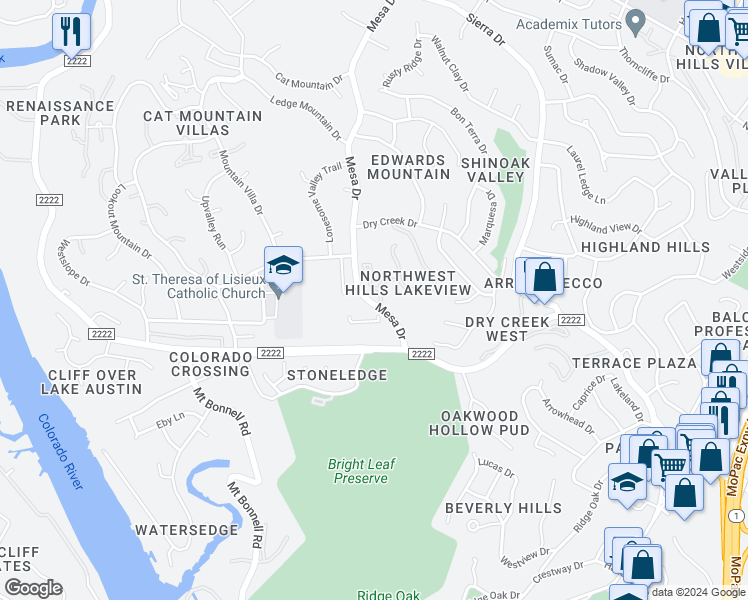 map of restaurants, bars, coffee shops, grocery stores, and more near 5811 1/2 Mesa Drive in Austin