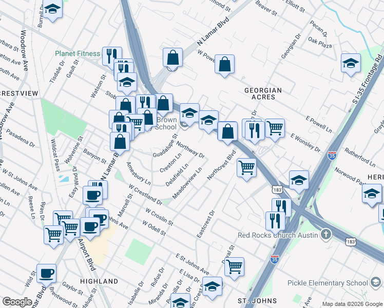 map of restaurants, bars, coffee shops, grocery stores, and more near 416 Northway Drive in Austin