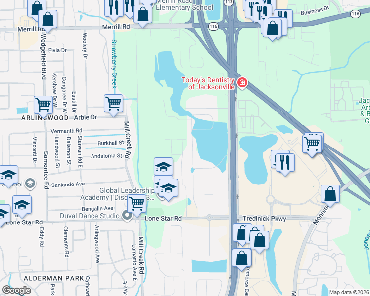 map of restaurants, bars, coffee shops, grocery stores, and more near 1736 Mathews Manor Drive in Jacksonville
