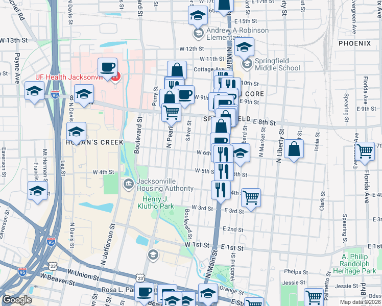 map of restaurants, bars, coffee shops, grocery stores, and more near 143 West 6th Street in Jacksonville