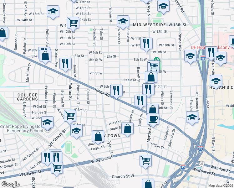 map of restaurants, bars, coffee shops, grocery stores, and more near 1493 West 5th Street in Jacksonville