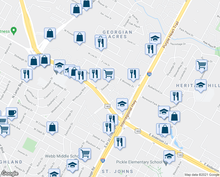 map of restaurants, bars, coffee shops, grocery stores, and more near 8001 Gessner Drive in Austin