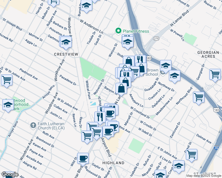 map of restaurants, bars, coffee shops, grocery stores, and more near 908 Banyon Street in Austin