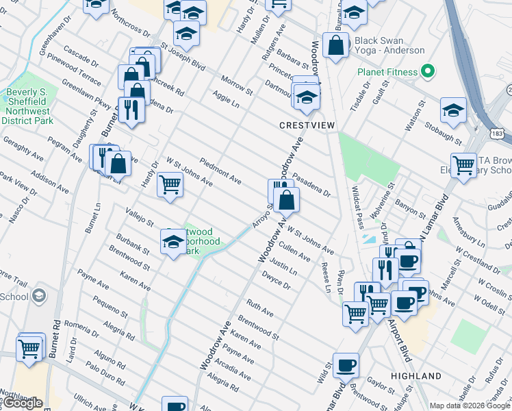 map of restaurants, bars, coffee shops, grocery stores, and more near 1505 Piedmont Avenue in Austin