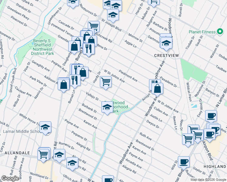 map of restaurants, bars, coffee shops, grocery stores, and more near 1803 Cullen Avenue in Austin