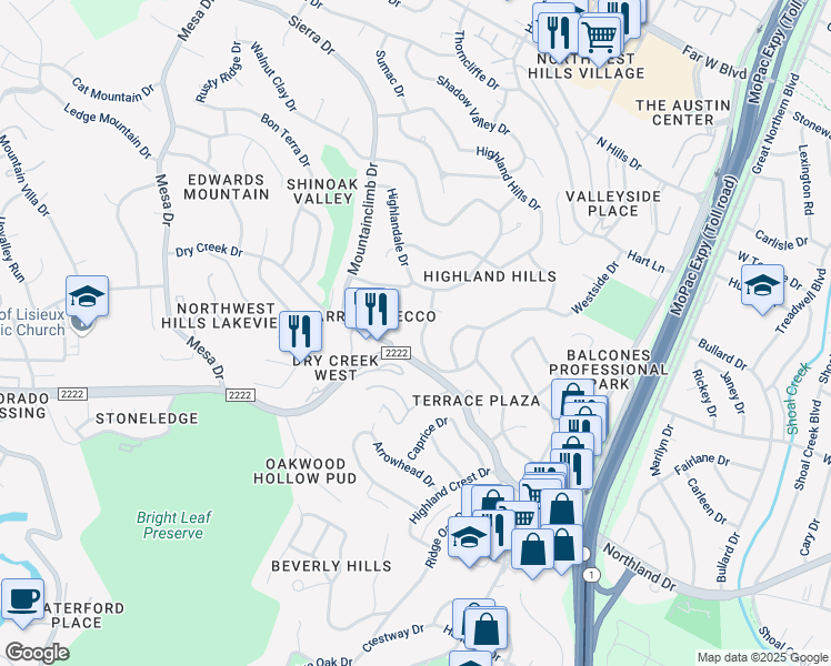 map of restaurants, bars, coffee shops, grocery stores, and more near 5907 Camino Seco in Austin