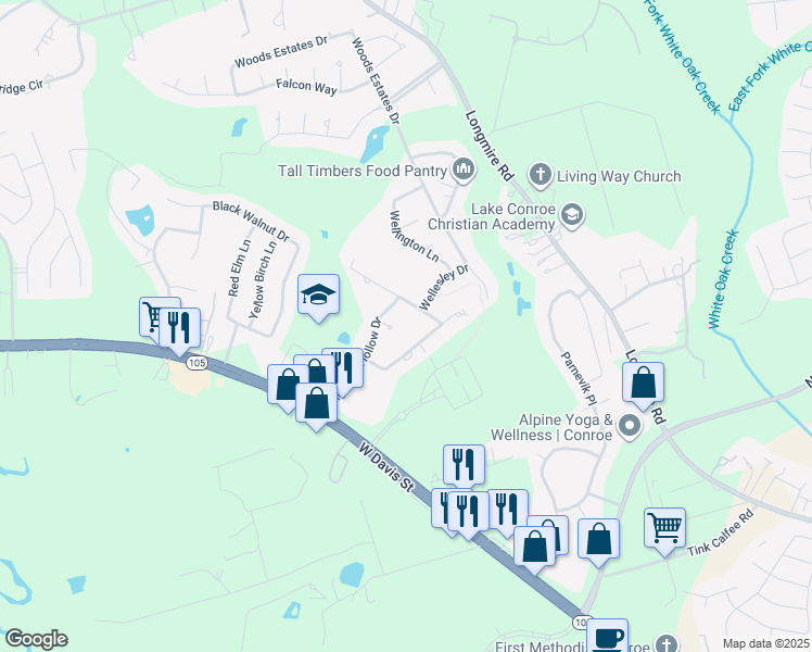 map of restaurants, bars, coffee shops, grocery stores, and more near 50 Highland Hollow Drive in Conroe