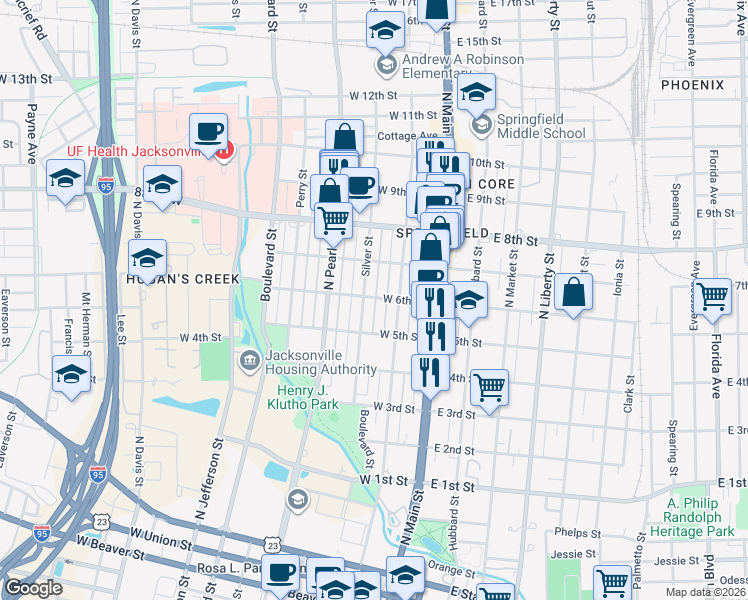 map of restaurants, bars, coffee shops, grocery stores, and more near 143 West 6th Street in Jacksonville