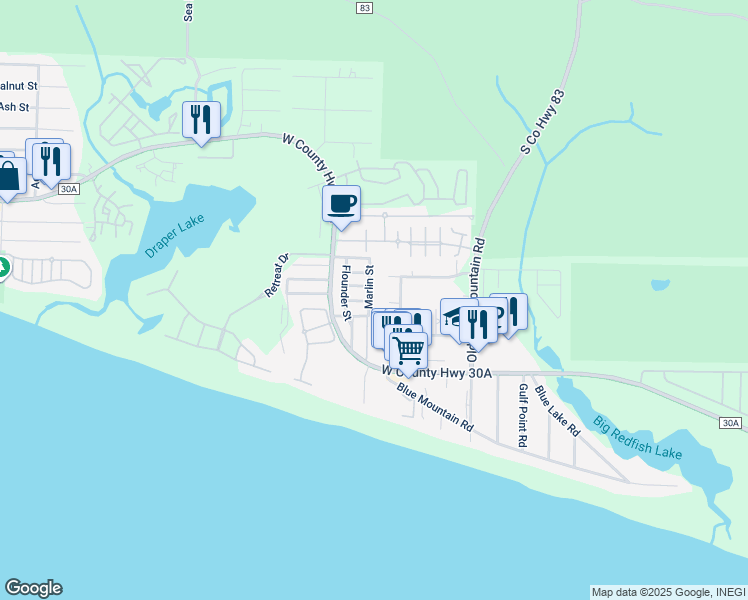 map of restaurants, bars, coffee shops, grocery stores, and more near 40 Marlin Street in Santa Rosa Beach