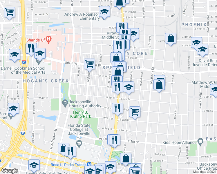 map of restaurants, bars, coffee shops, grocery stores, and more near N Laura St & W 6th St in Jacksonville