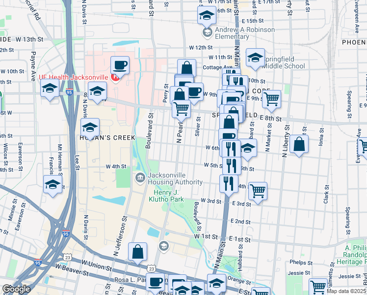 map of restaurants, bars, coffee shops, grocery stores, and more near 244 West 6th Street in Jacksonville