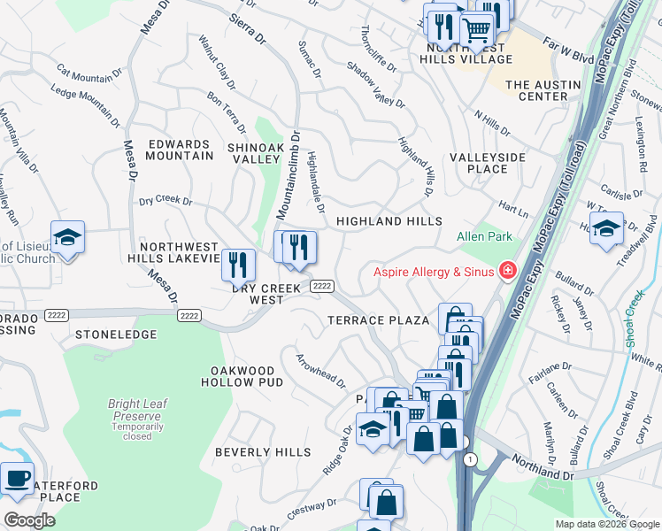 map of restaurants, bars, coffee shops, grocery stores, and more near 5907 Camino Seco in Austin