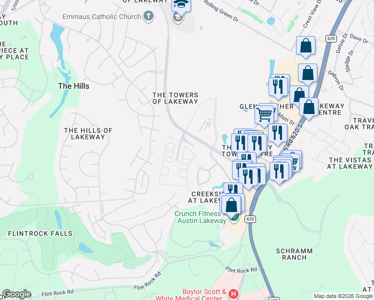 map of restaurants, bars, coffee shops, grocery stores, and more near 103 Rivalto Circle in Bee Cave