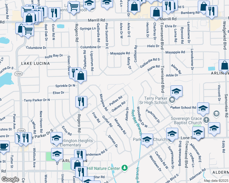 map of restaurants, bars, coffee shops, grocery stores, and more near 7137 King Arthur Road North in Jacksonville