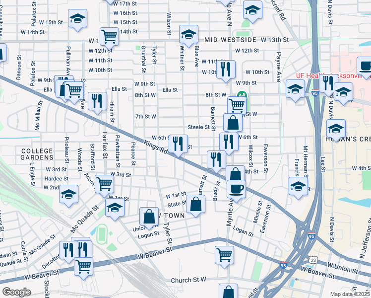 map of restaurants, bars, coffee shops, grocery stores, and more near 1493 West 5th Street in Jacksonville