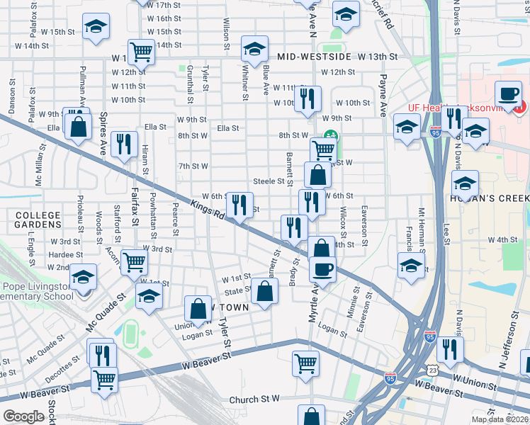 map of restaurants, bars, coffee shops, grocery stores, and more near 1431 West 5th Street in Jacksonville
