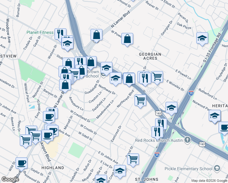 map of restaurants, bars, coffee shops, grocery stores, and more near 416 Northway Drive in Austin