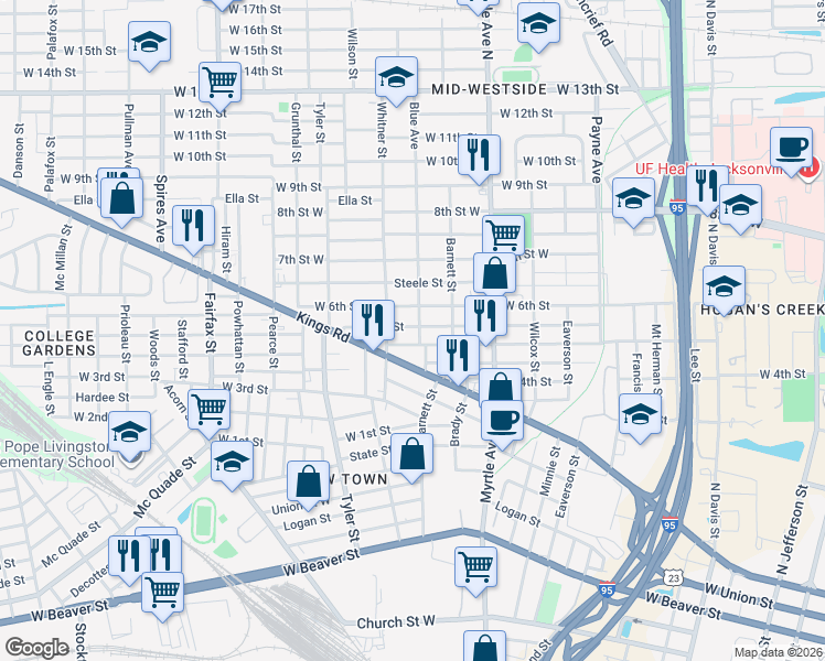 map of restaurants, bars, coffee shops, grocery stores, and more near 1493 West 5th Street in Jacksonville