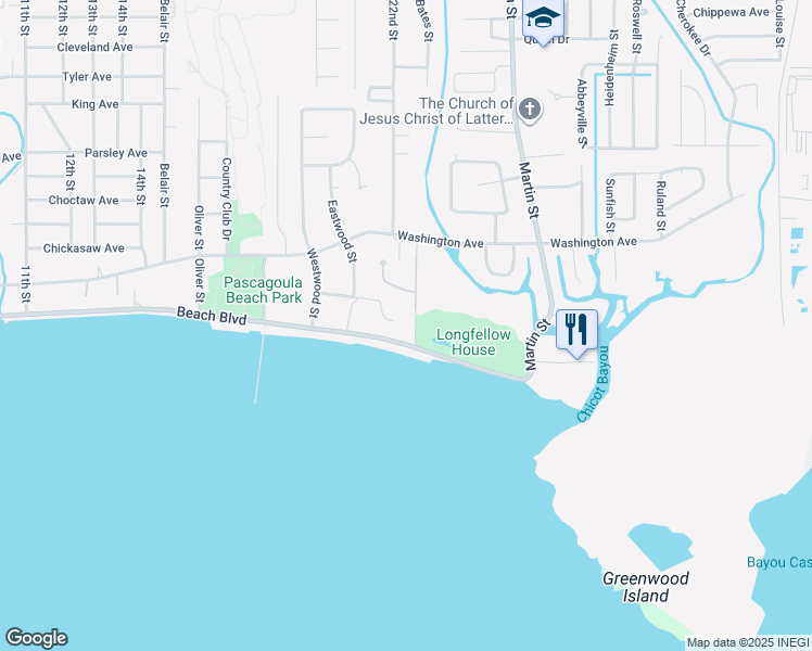 map of restaurants, bars, coffee shops, grocery stores, and more near 3401 Beach Boulevard in Pascagoula