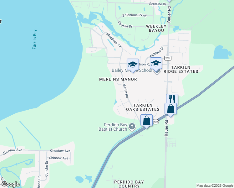 map of restaurants, bars, coffee shops, grocery stores, and more near 900 Merlin Court in Pensacola
