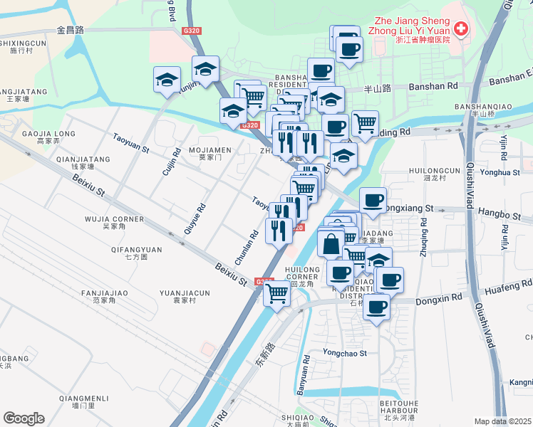 map of restaurants, bars, coffee shops, grocery stores, and more near Chun Lan Lu in Hang Zhou Shi