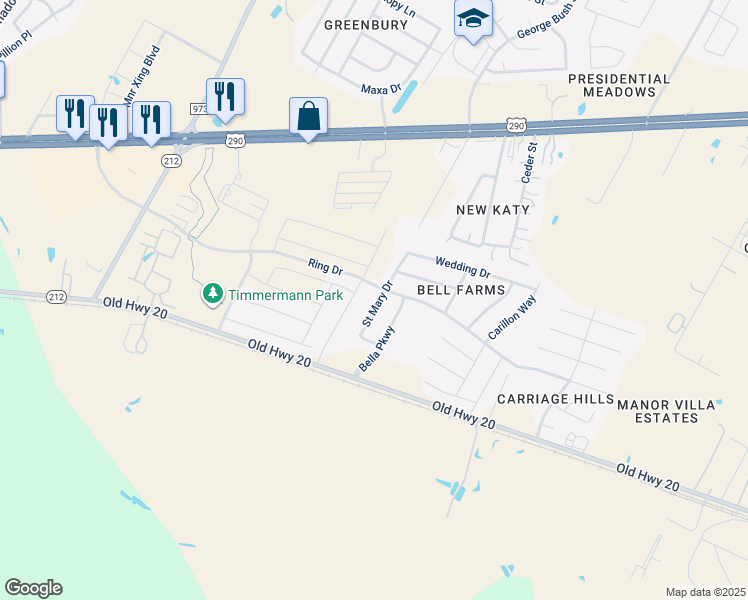 map of restaurants, bars, coffee shops, grocery stores, and more near 12748 Saint Mary Drive in Manor