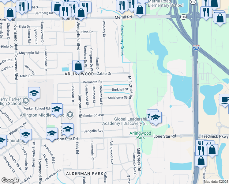 map of restaurants, bars, coffee shops, grocery stores, and more near 8604 Burkhall Street in Jacksonville