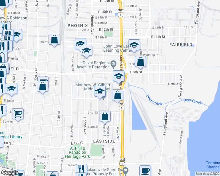 map of restaurants, bars, coffee shops, grocery stores, and more near 17 Milnor Street in Jacksonville