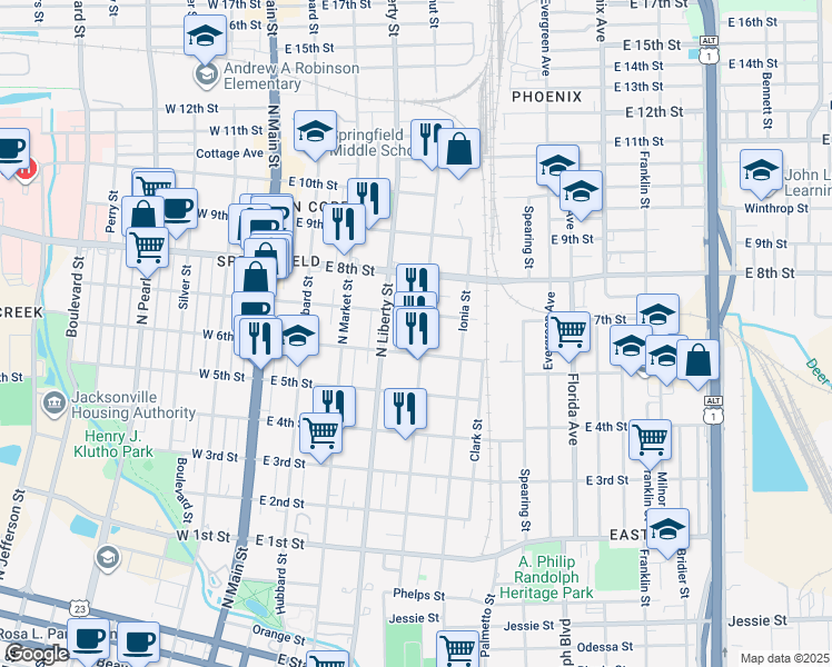 map of restaurants, bars, coffee shops, grocery stores, and more near 1637 Walnut Street in Jacksonville